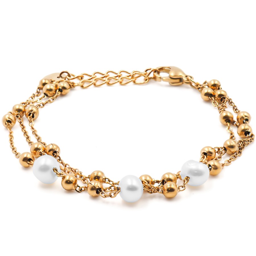 Bracelet acier dorés 2 rangs - perles naturelles - 15+4cm - Grossis...