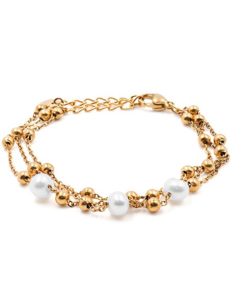 Bracelet acier dorés 2 rangs - perles naturelles - 15+4cm - Grossis...