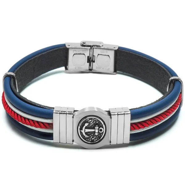 Bracelet cuir italien bleu - cordon rouge  ancre  largeur 10mm  21,5cm
