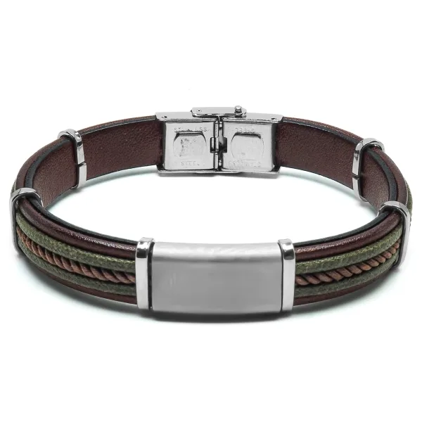 Bracelet en acier - cuir italien marron et vert militaire et cordon marron tressé - largeur 10mm -  21,5cm ajustable