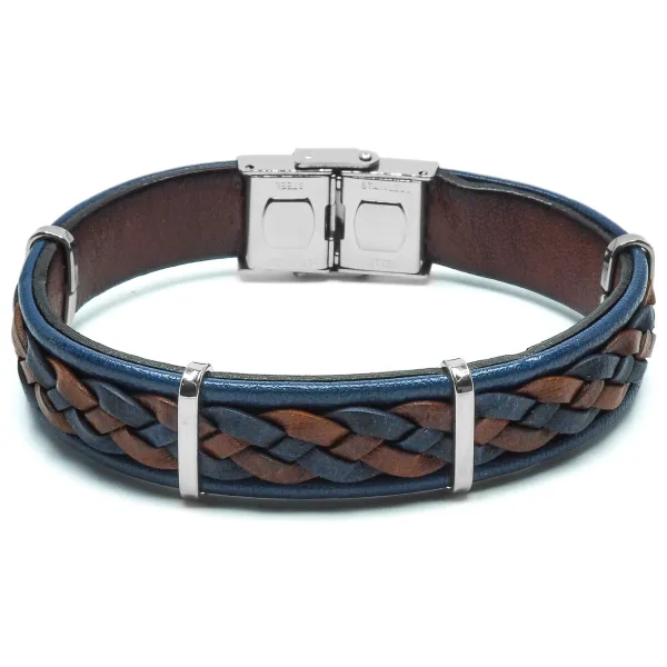 Bracelet en acier cuir italien tressé bleu et marron - 12mm - 21,5cm