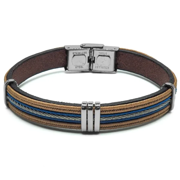 Bracelet en acier - cuir italien marron clair, bleu et cable gris  - largeur 11mm -  21,5cm ajustable