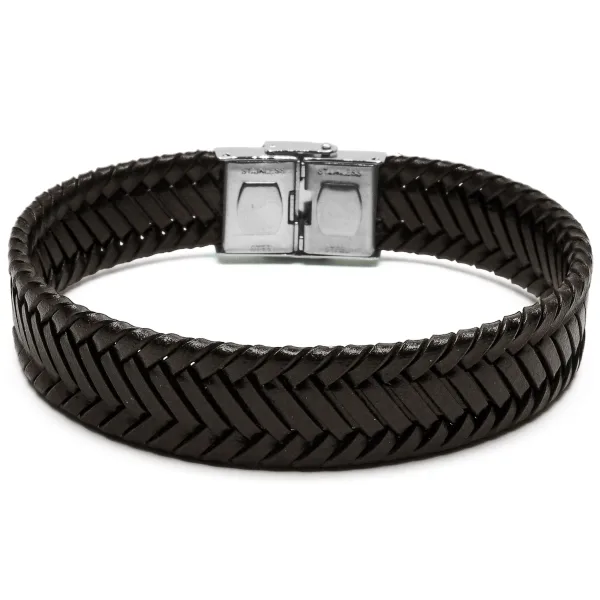 Bracelet acier cuir italien tressé marron largeur 1,5x21,5cm ajustable