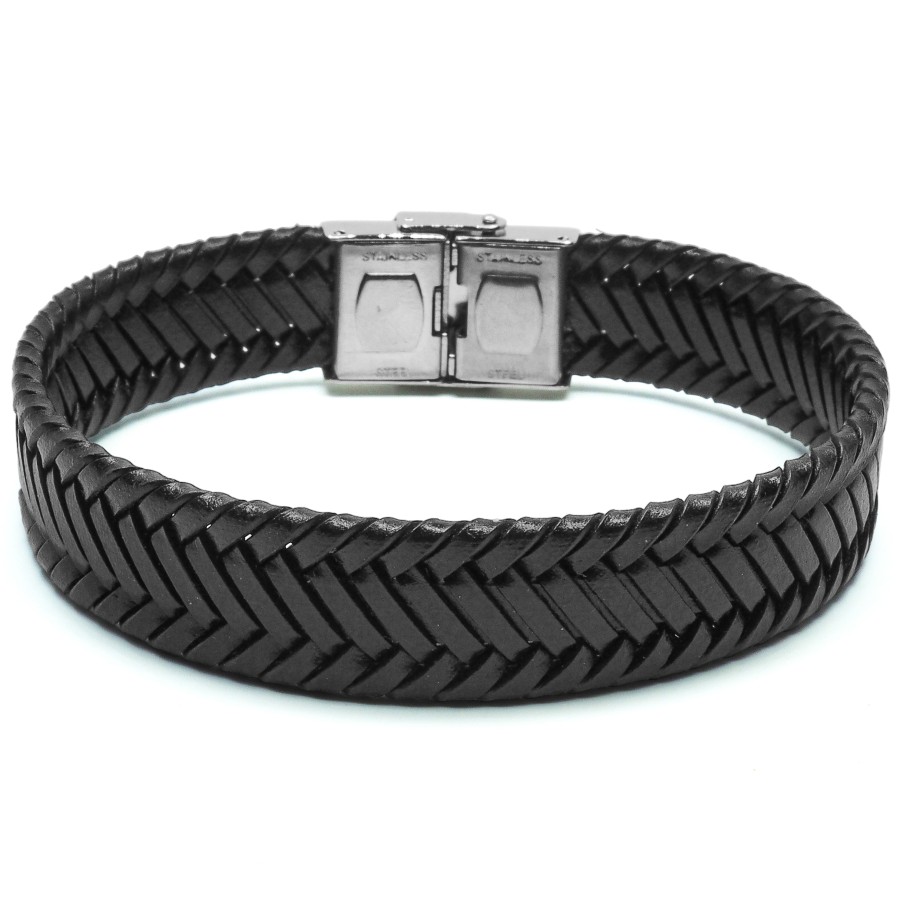 Bracelet en acier - cuir italien tressé noir  - largeur 15mm -  21,5cm ajustable