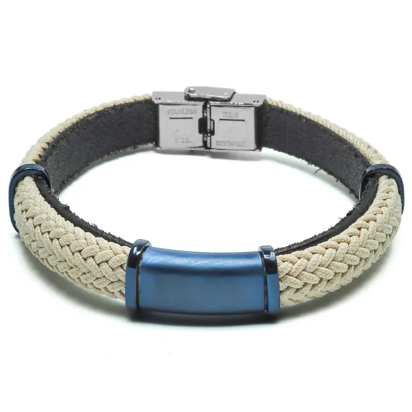 Bracelet PVD bleu cuir italien noir cordon tressé beige 0,8cm X21,5cm