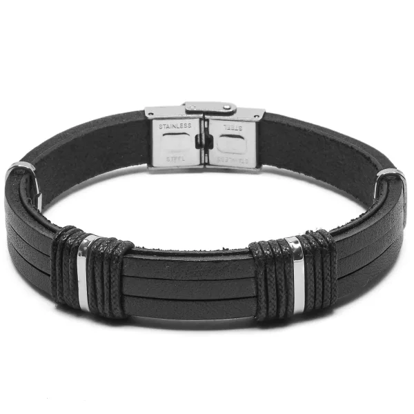 Bracelet  acier-cuir italien noir et cordon noir-largeur 9,5mm-21,5cm