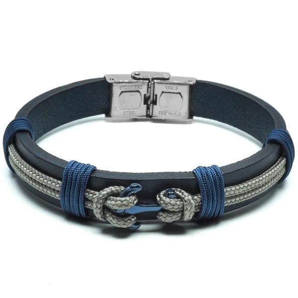 Bracelet en acier PVD bleu - cuir italien - bleu foncé - ancre - cordon beige  - largeur 10mm -  21,5cm ajustable