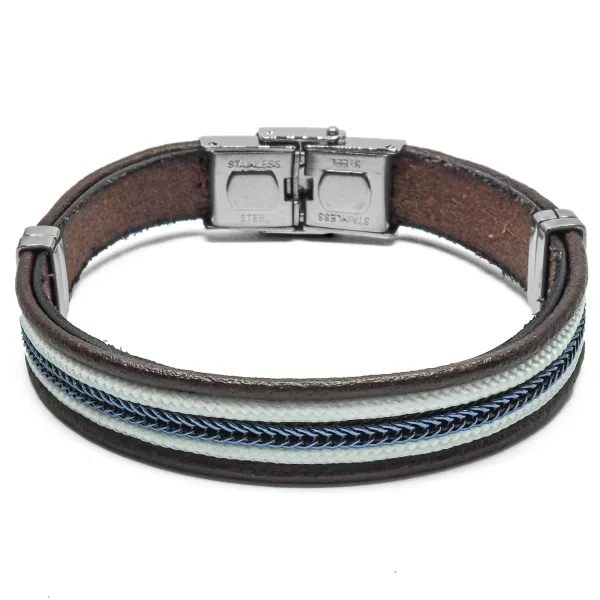 Bracelet cuir italien marron cordon beige et bleu largeur 0,10 X21,5cm