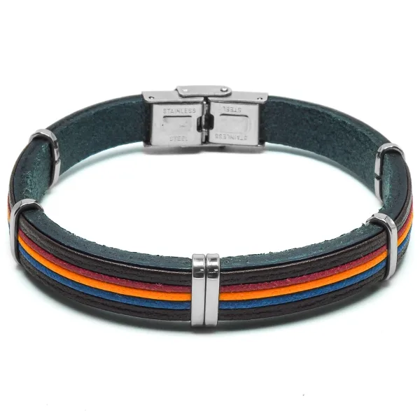 Bracelet cuir italien bleu foncé  et cordon multicolore  0,8cm X21,5cm