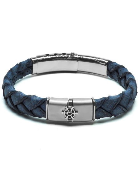 Bracelet en acier - cuir italien tressé bleu foncé  - roue  - largeur 10mm - ajustable 19-22cm