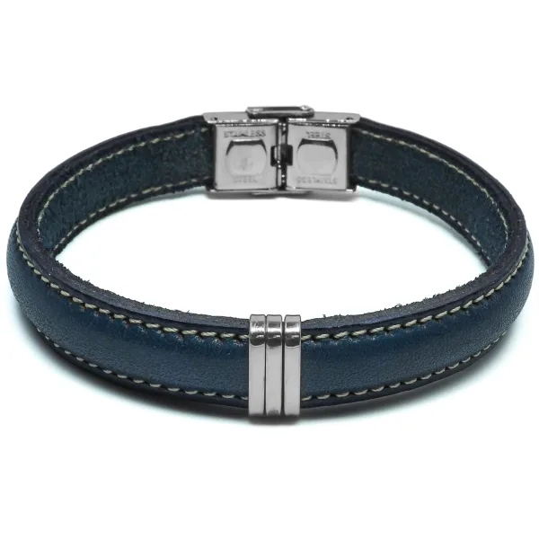 Bracelet en acier - cuir italien bleu foncé - largeur 10mm -  21,5cm ajustable