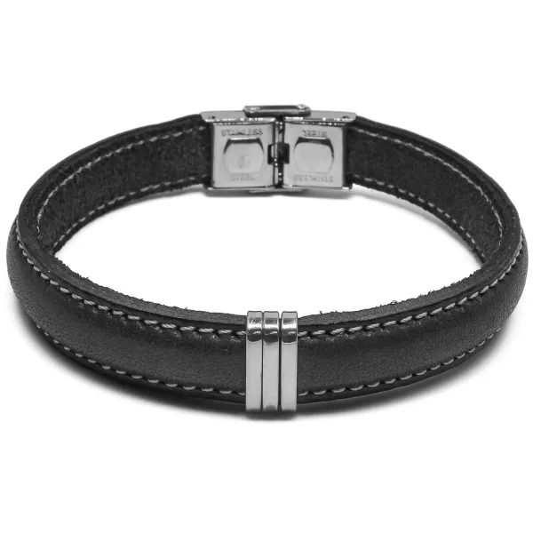 Bracelet en acier - cuir italien noir  - largeur 10mm -  21,5cm ajustable