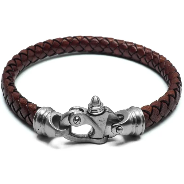 Bracelet en acier - cuir italien tressé marron  - fermoir pratique - largeur 7,5mm - 20,5cm