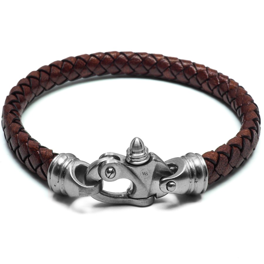 Bracelet en acier - cuir italien tressé marron  - fermoir pratique - largeur 7,5mm - 20,5cm