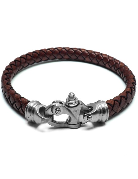 Bracelet en acier - cuir italien tressé marron  - fermoir pratique - largeur 7,5mm - 20,5cm