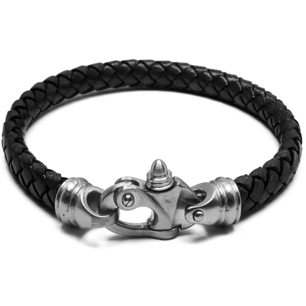 Bracelet en acier - cuir italien tressé noir  - fermoir pratique - largeur 7,5mm -  20,5cm
