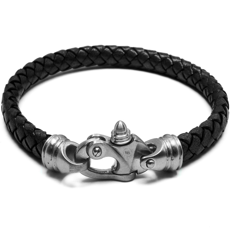 Bracelet en acier - cuir italien tressé noir  - fermoir pratique - largeur 7,5mm -  20,5cm