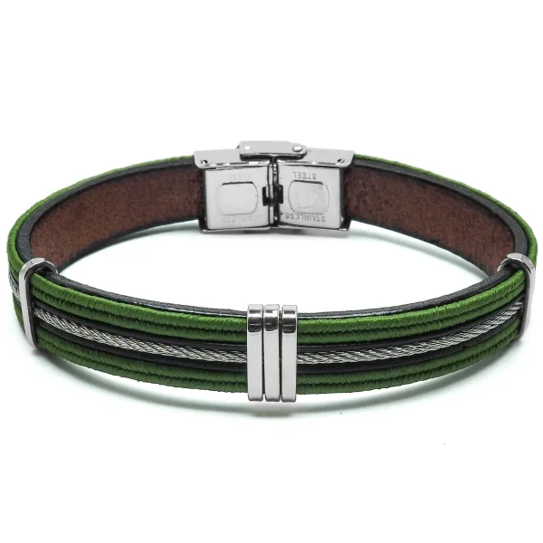 Bracelet cuir italien vert militaire bleu foncé avec cable 1cmX21,5cm