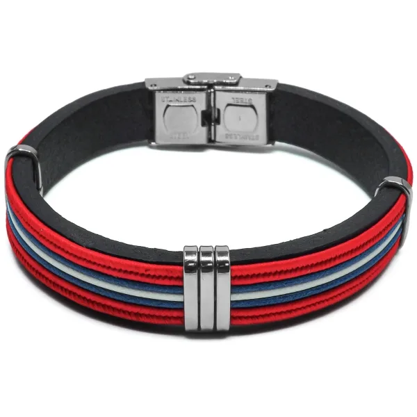 Bracelet en acier - cuir italien noir, cordon bleu, blanc, rouge - largeur 10mm - 21,5cm ajustable