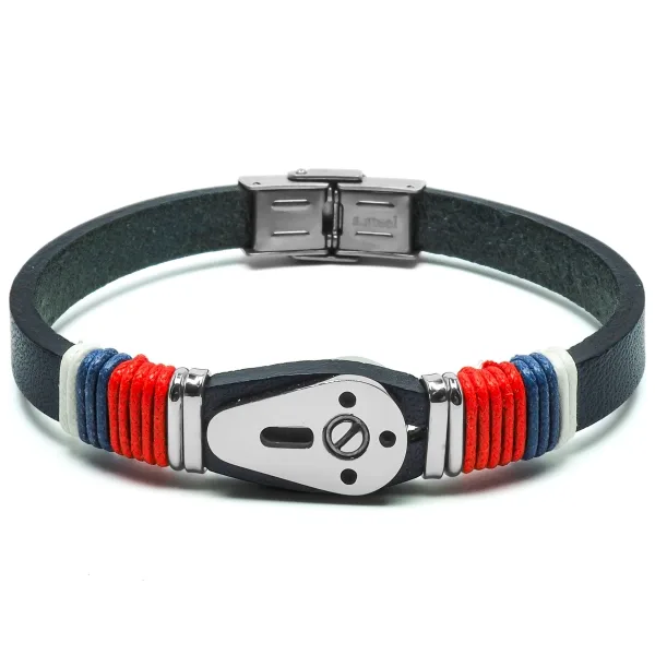 Bracelet en acier - cuir italien noir, cordon bleu, blanc, rouge - manille - largeur 8mm - 21,5cm ajustable
