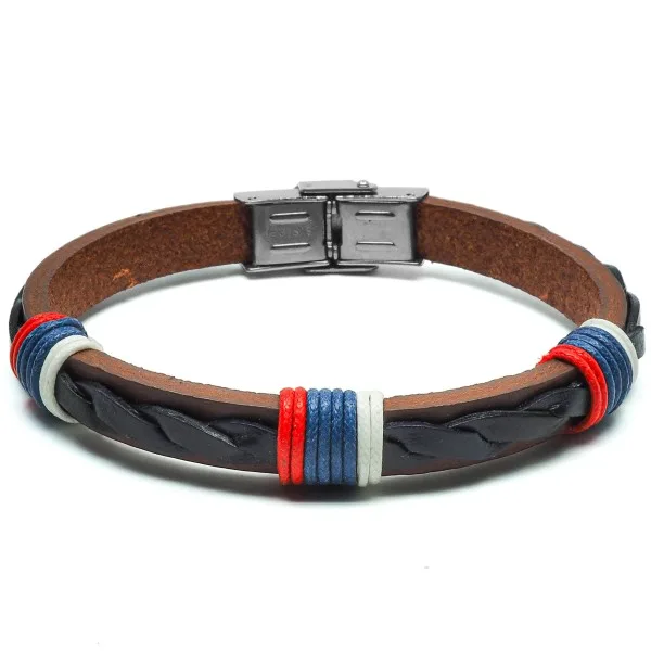 Bracelet cuir italien tressé noir cordon tricolore 0,8cm X21,5cm