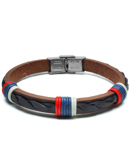 Bracelet cuir italien tressé noir cordon tricolore 0,8cm X21,5cm