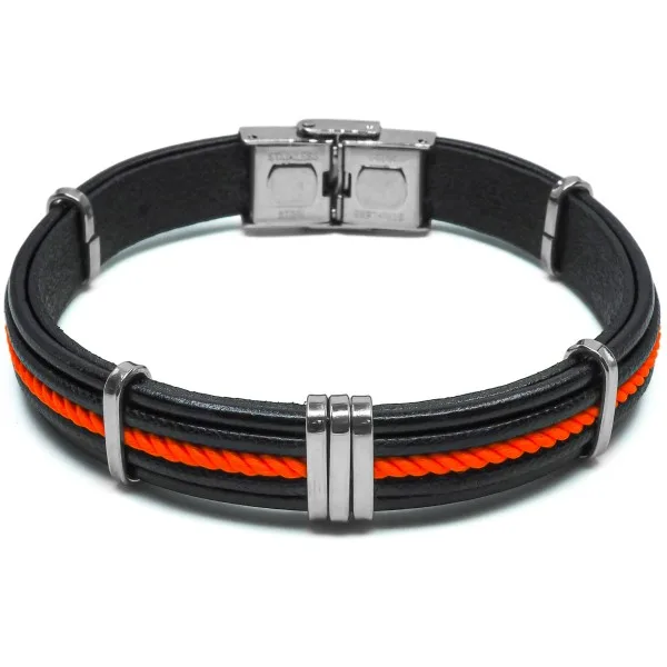 Bracelet en acier - cuir italien noir, cordon tressé orange - largeur 10mm - 21,5cm ajustable