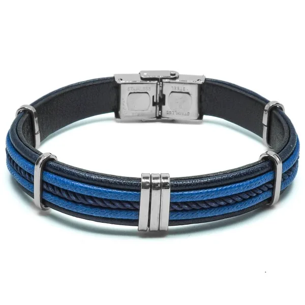 Bracelet acier cuir italien noir cordon cordon tressé bleu ajustable