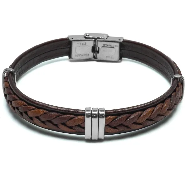 Bracelet en acier - cuir italien tressé marron - largeur 8mm - 21,5cm