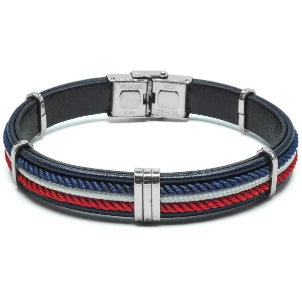 Bracelet en acier - cuir italien noir, cordon bleu, blanc, rouge - largeur 10mm - 21,5cm ajustable