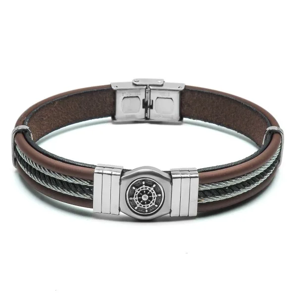 Bracelet cuir italien marron cable - roue effet veilli - 1cm X21,5cm