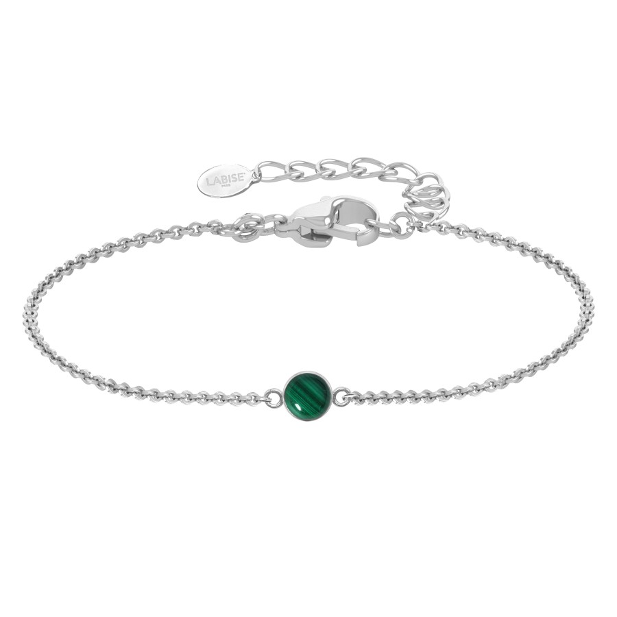Bracelet argent rhodié - 1,6g -  Malachite - cabochon - 6mm - 15+5cm