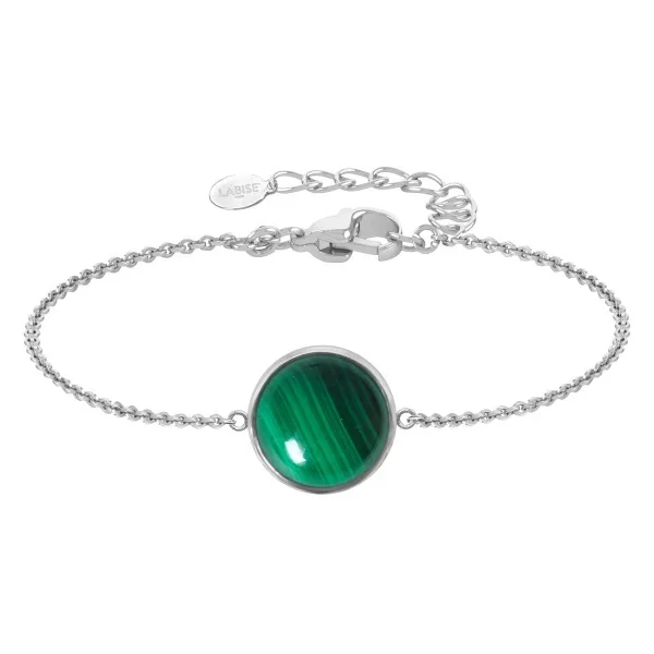 Bracelet argent rhodié - 2,5g -  Malachite - cabochon - 12mm - 15+5cm