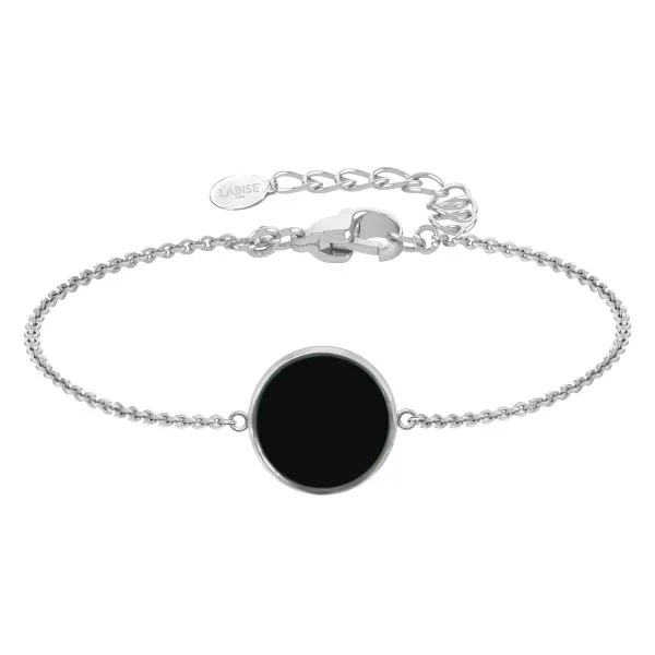 Bracelet argent rhodié - 2,5g -  Onyx - Pierre plate rond - 12mm - 15+5cm