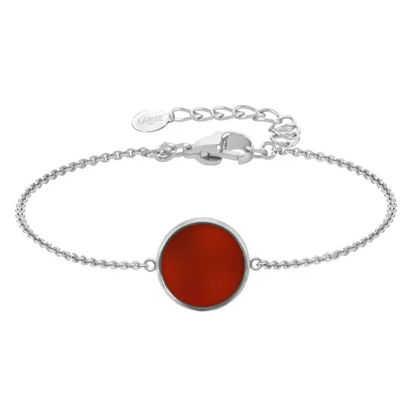 Bracelet argent rhodié - 2,5g -  Cornaline - Pierre plate rond - 12mm - 15+5cm