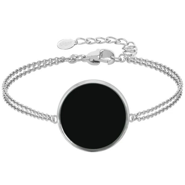 Bracelet argent rhodié - 3,2g -  Onyx - Pierre plate rond - 18mm - 15+5cm