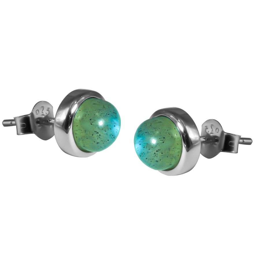 Boucles d'oreilles argent rhodié - 2g -  Labradorite - cabochon - 6mm