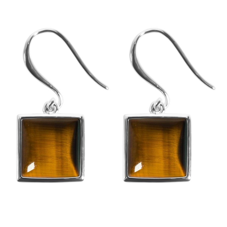 Boucles d'oreilles argent rhodié - 2,8g -  Œil de tigre - cabochon - 10x10mm