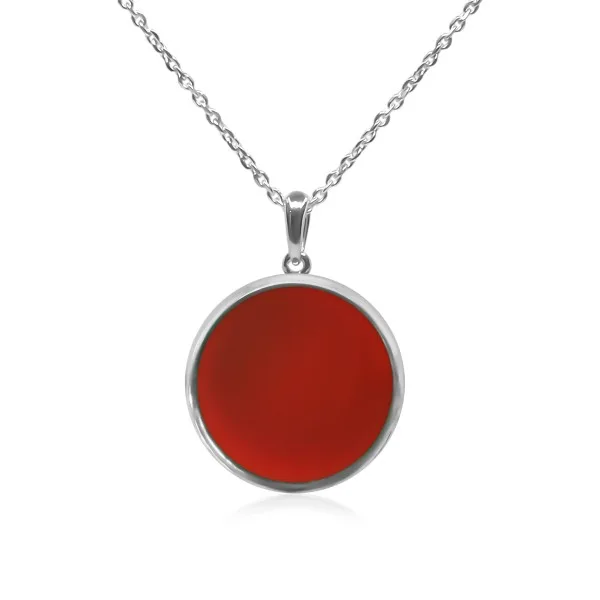 Pendentif argent rhodié - 2,3g -  Cornaline - Pierre plate rond - 18mm