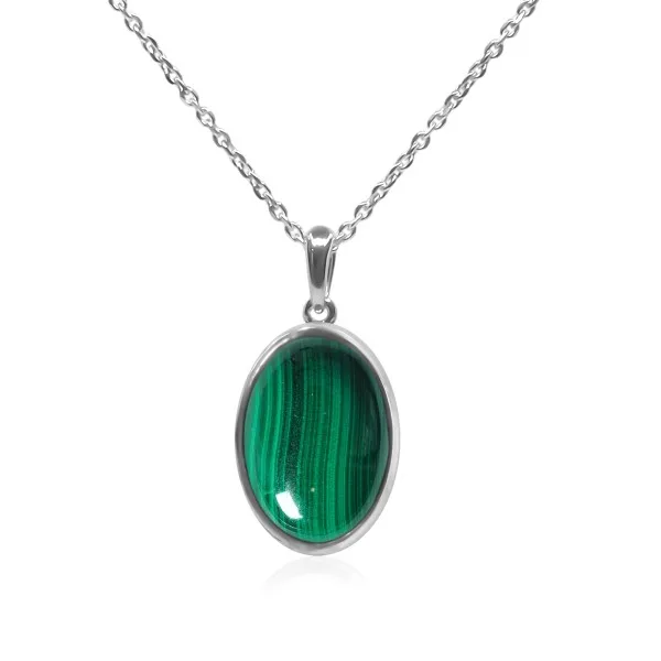 Pendentif argent rhodié - 1,7g -  Malachite - cabochon - 12x18mm