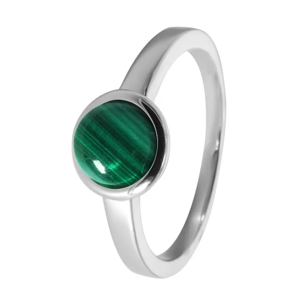 Bague argent rhodié - 2,5g -  Malachite - cabochon - 6mm - T50 à 64