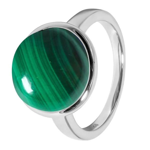 Bague argent rhodié - 3,3g -  Malachite - cabochon - 12mm - T50 à 64