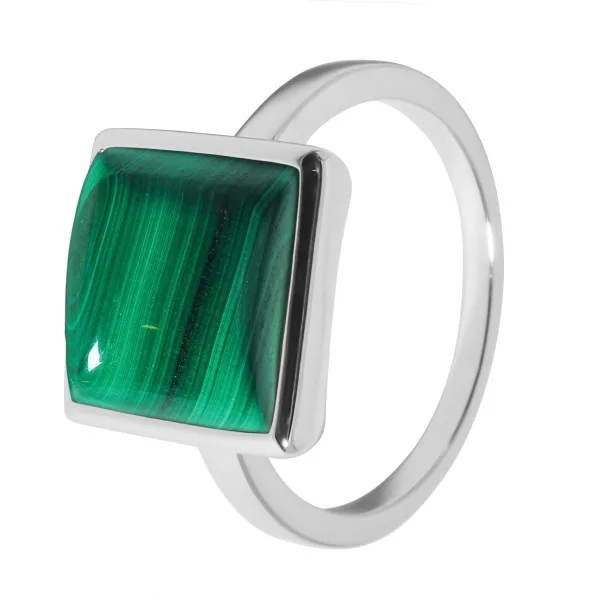 Bague argent rhodié - 3,2g -  Malachite- cabochon - 10x10mm - T50 à 64