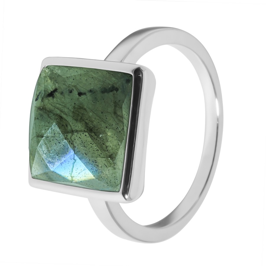 Bague argent rhodié-3,2g- Labradorite- cabochon facetté-10x10mm-T50à64