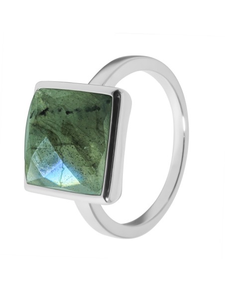 Bague argent rhodié-3,2g- Labradorite- cabochon facetté-10x10mm-T50à64