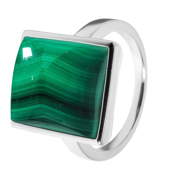 Bague argent rhodié - 4,5g -  Malachite- cabochon - 12x14mm - T52 à 64