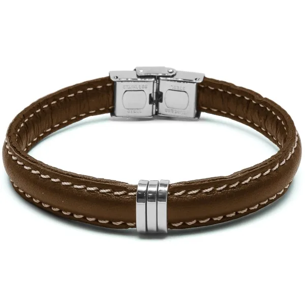 Bracelet en acier - cuir italien marron  - largeur 10mm -  21,5cm ajustable