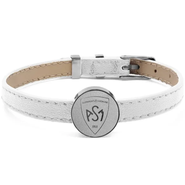 Bracelet ASM - acier cuir blanc - Logo blason ASM - argenté mat