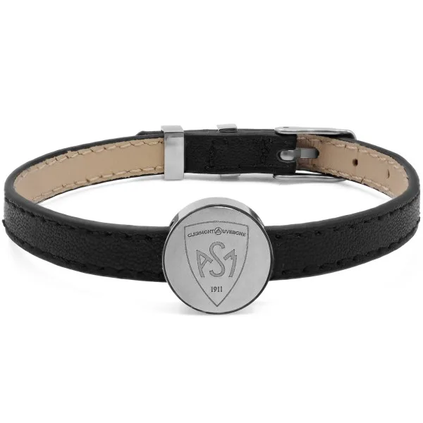 Bracelet ASM - acier cuir noir - Logo blason ASM - argenté brillant