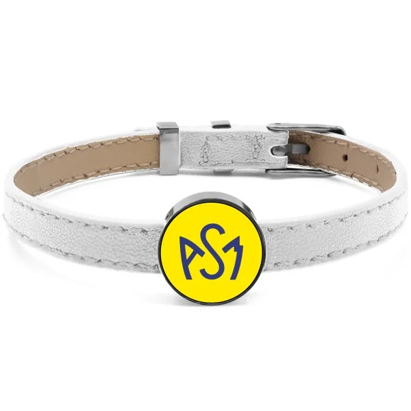 Bracelet ASM - acier cuir blanc - Logo bleu fond jaune